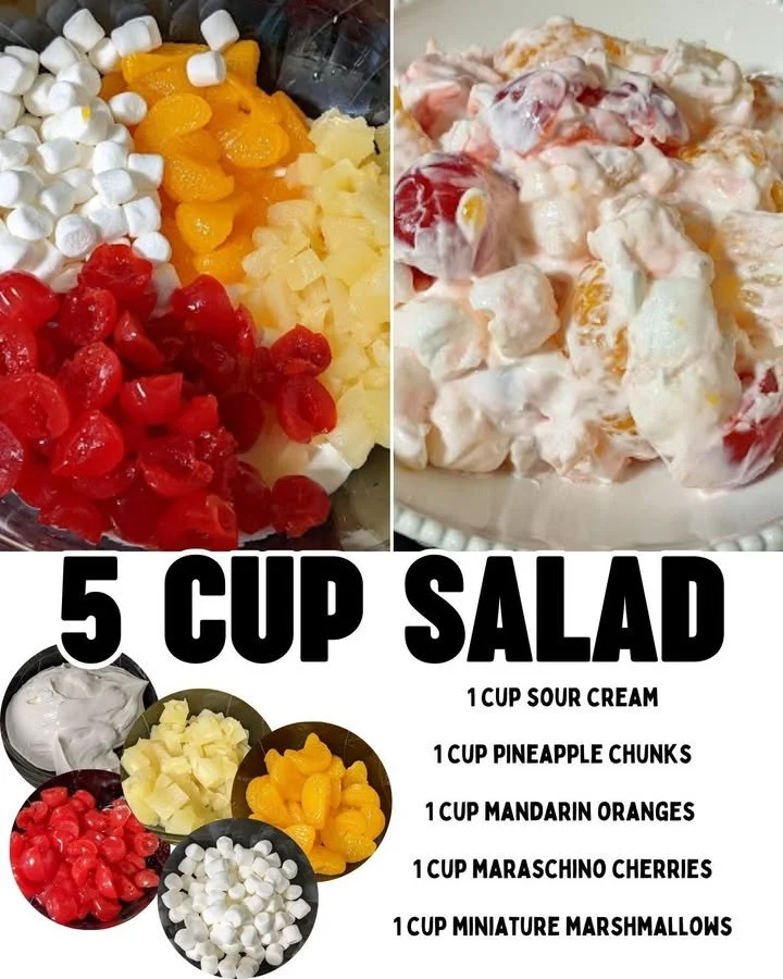 A colorful bowl of 5 Cup Salad featuring various fresh ingredients.