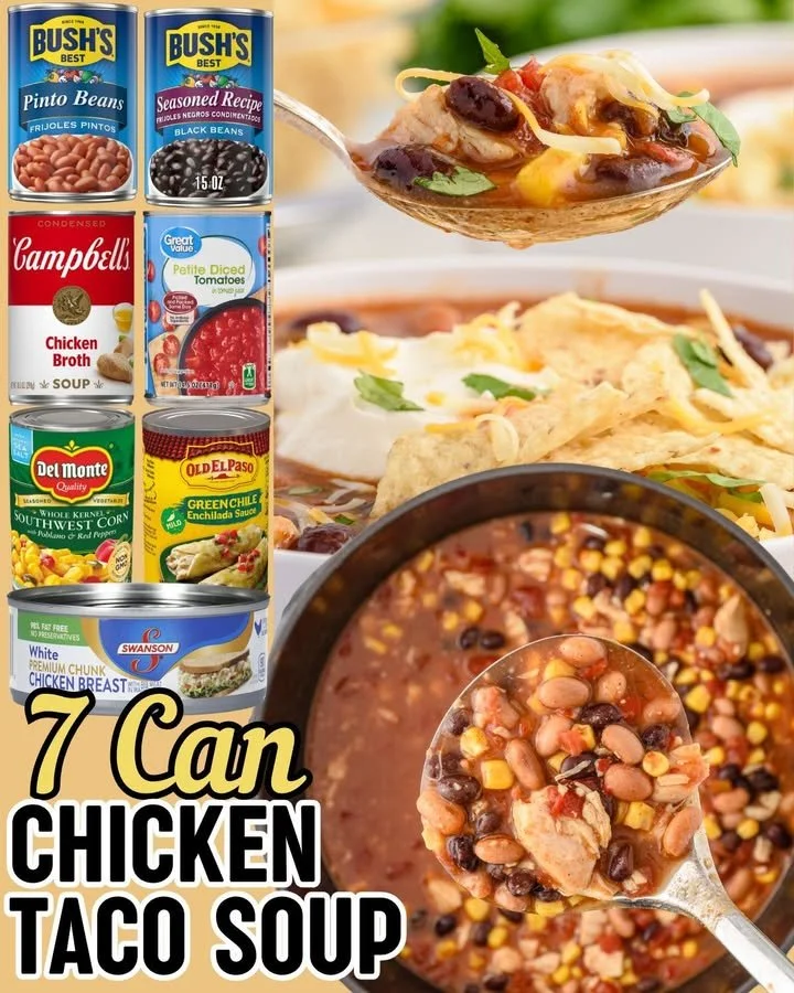Delicious 7 can chicken taco soup ready to serve in a bowl.