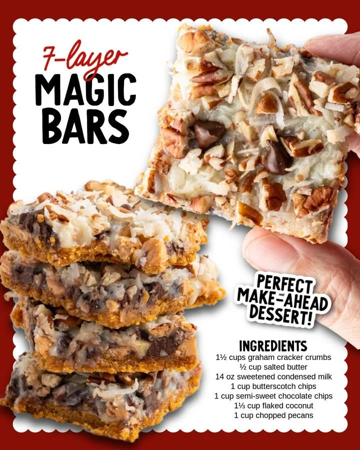 Delicious 7 layer bars with chocolate, coconut, and nuts, layered for flavor.