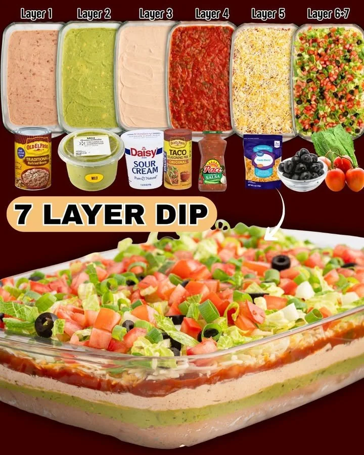 Delicious 7 layer dip recipe served in a colorful dish