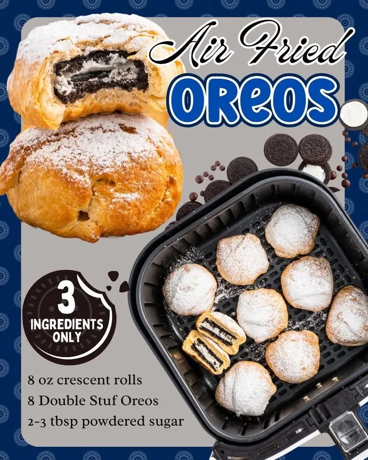 A plate of crispy Air-Fried Oreos drizzled with chocolate sauce and powdered sugar