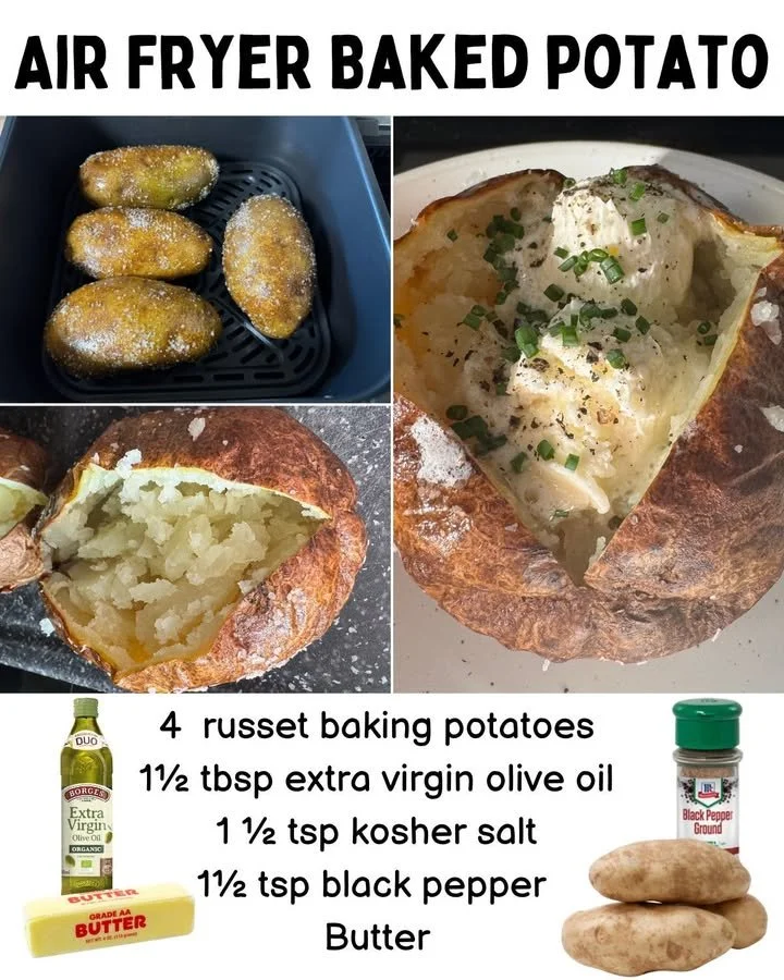 Delicious air fryer baked potato with crispy skin and fluffy interior.