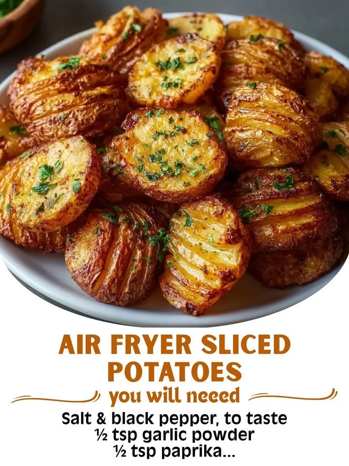 Crispy air fryer sliced potatoes served on a plate