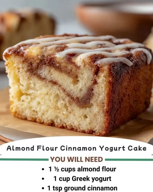 Delicious Almond Flour Cinnamon Yogurt Cake topped with cinnamon and yogurt