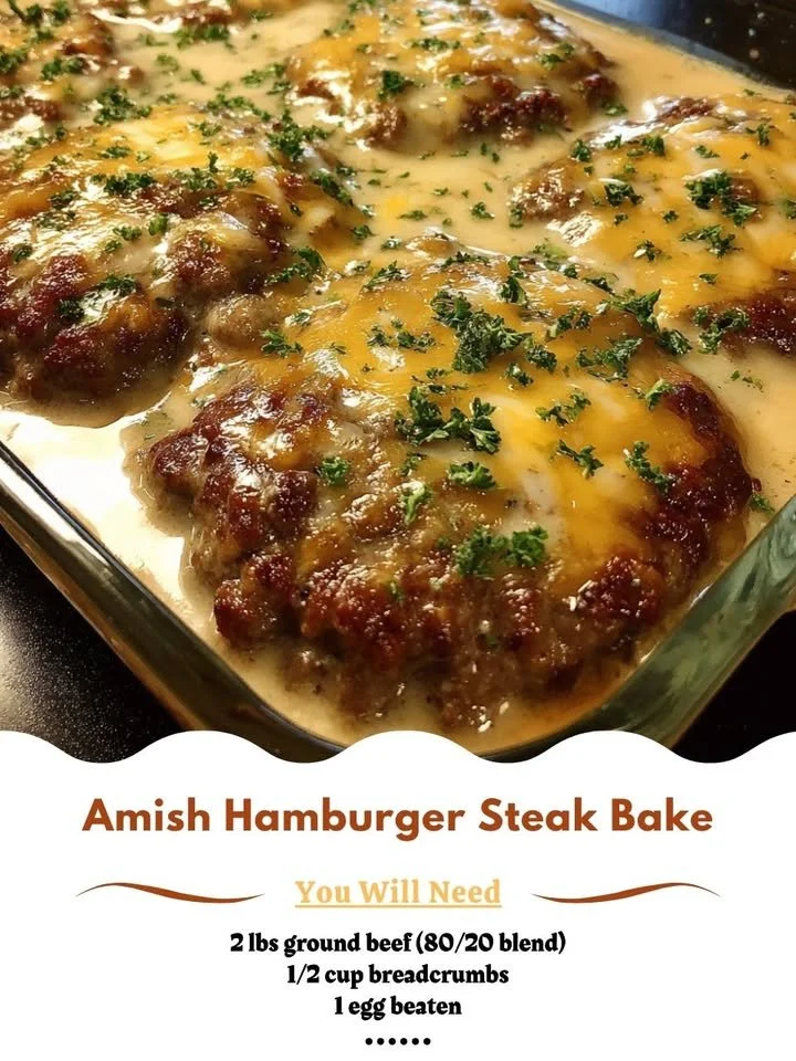 Amish hamburger steak bake with savory gravy and vegetables