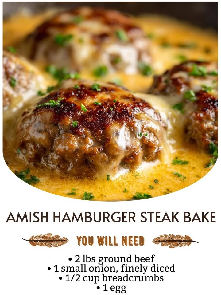 Amish Hamburger Steak Bake served with gravy and vegetables