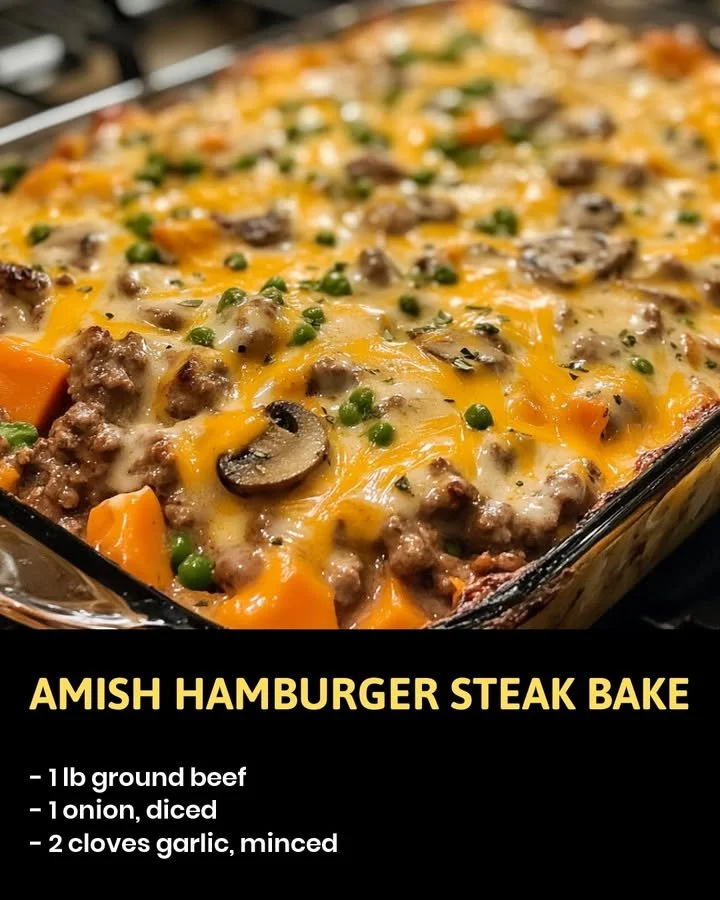 Amish hamburger steak bake topped with gravy and served on a plate.