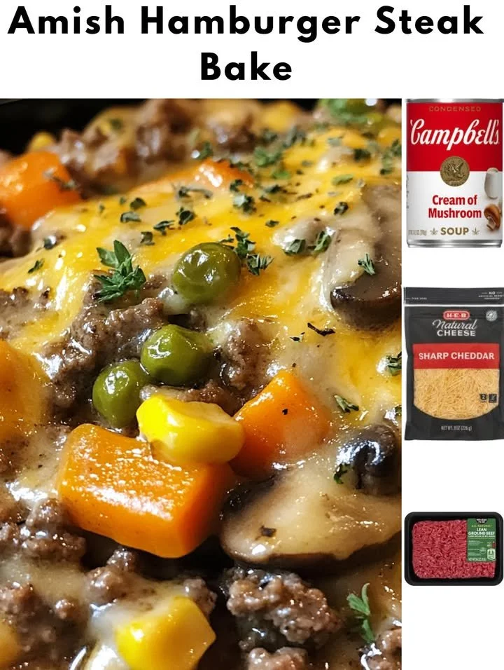 Delicious Amish Hamburger Steak Bake ready to serve with fresh herbs and sides