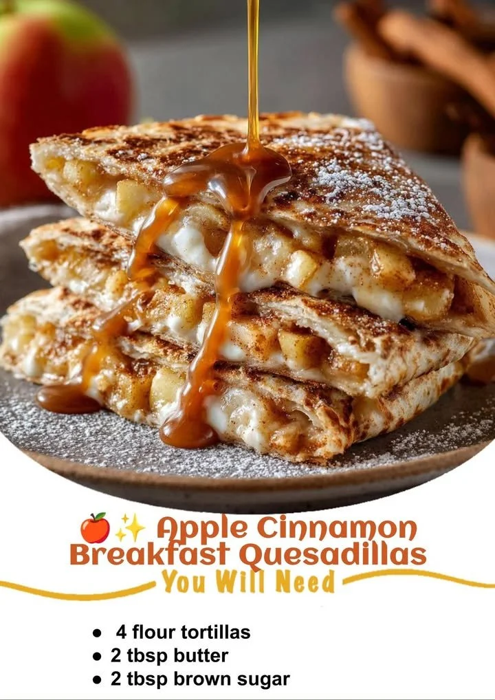 Apple Cinnamon Breakfast Quesadillas served on a plate with a side of syrup