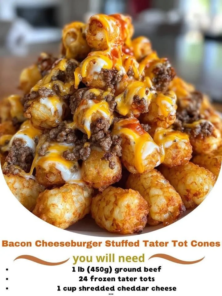 Bacon cheeseburger stuffed tater tot cones served on a plate