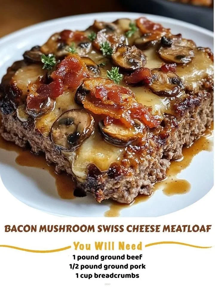 Bacon Mushroom Swiss Cheese Meatloaf served with garnishes