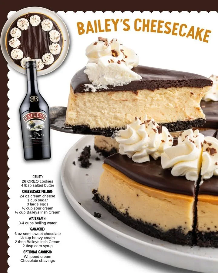 Delicious Baileys Cheesecake topped with chocolate shavings and a creamy layer