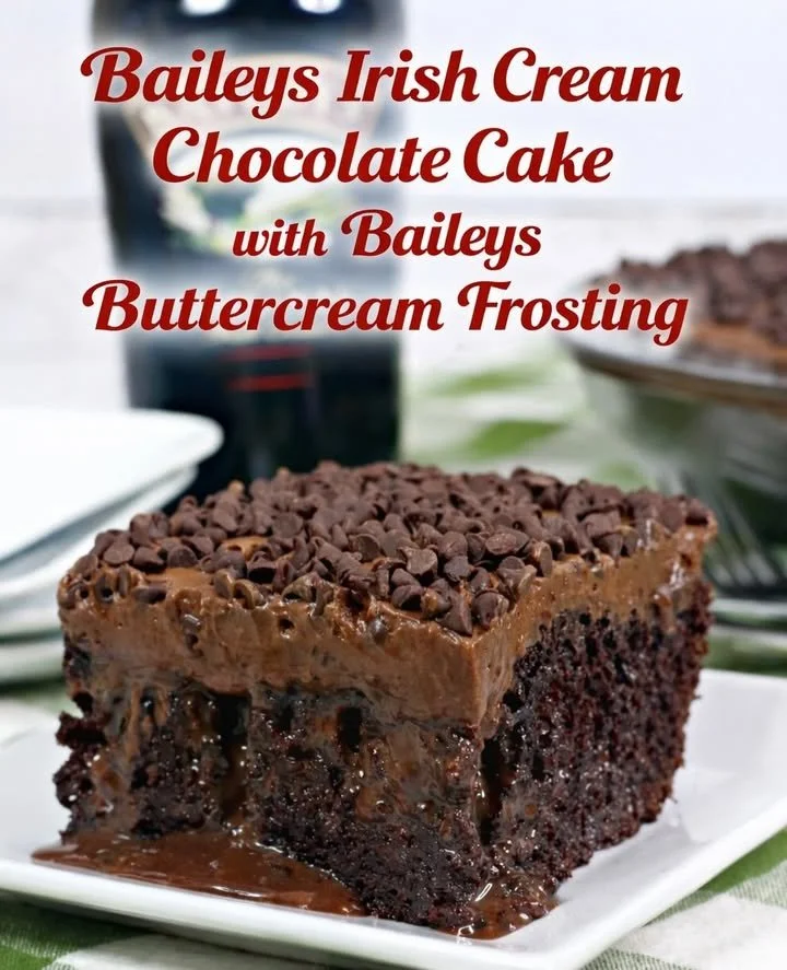 Delicious Baileys Chocolate Poke Cake topped with chocolate frosting and a drizzle of Baileys.