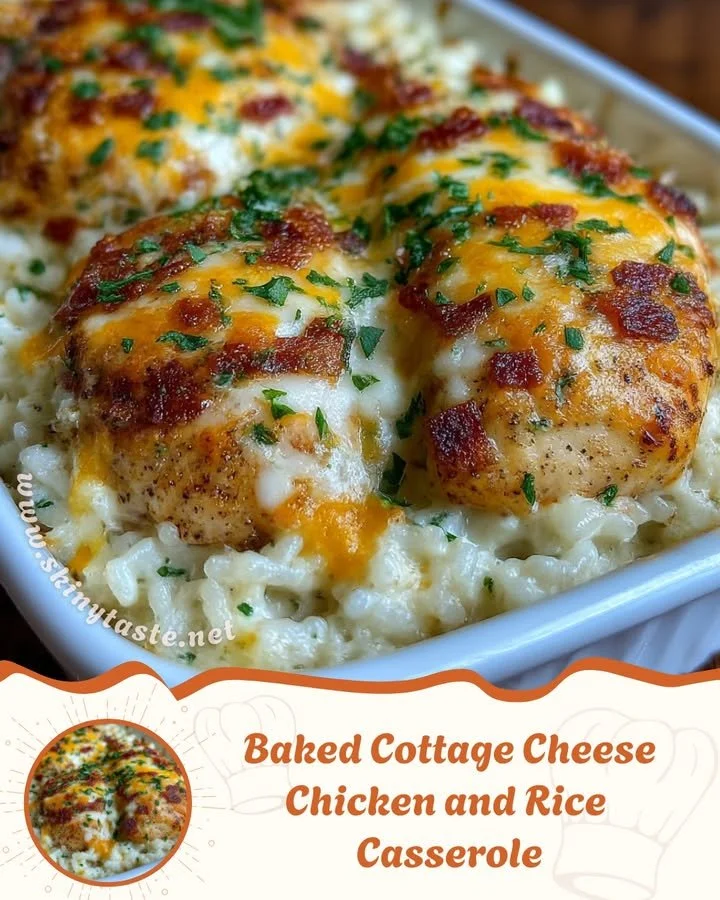 Baked cottage cheese chicken and rice casserole in a dish