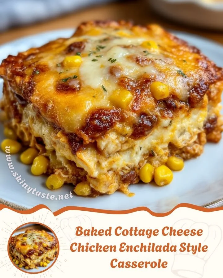 Baked cottage cheese chicken enchilada casserole topped with melted cheese