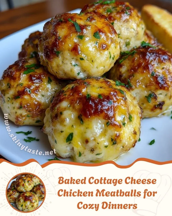 Baked cottage cheese chicken meatballs served on a cozy dinner plate