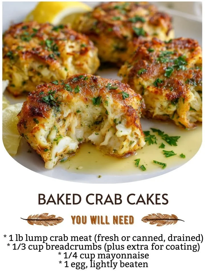 Delicious baked crab cakes served with lemon wedges on a plate.