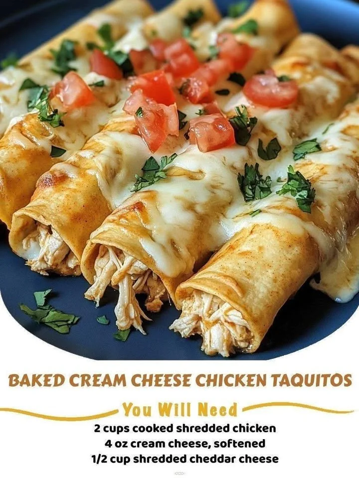 Baked cream cheese chicken taquitos served on a plate with salsa
