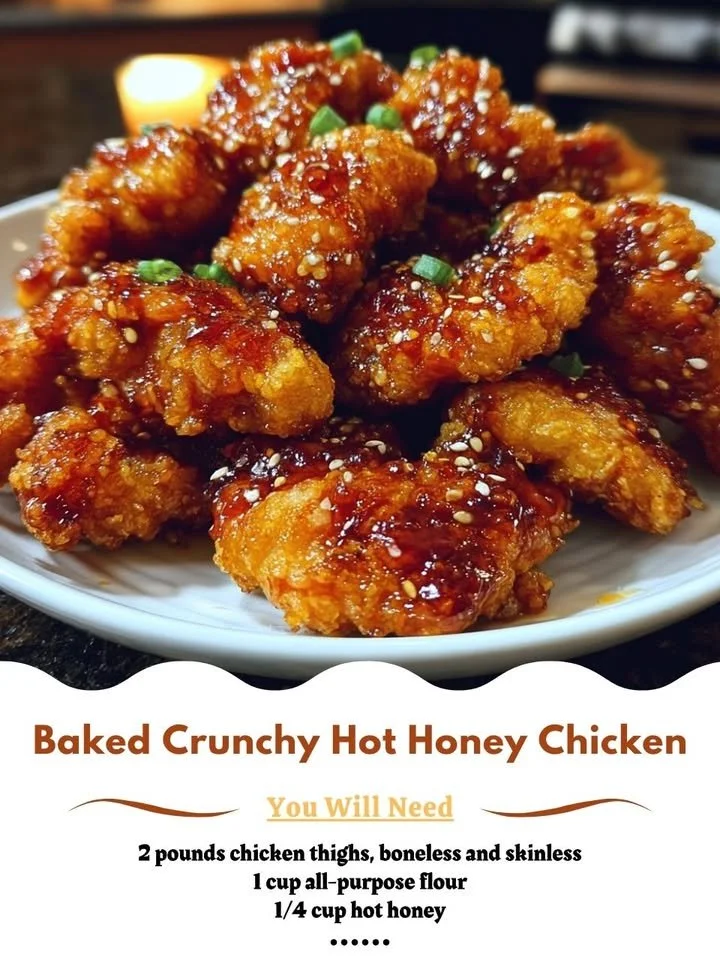Baked Crunchy Hot Honey Chicken served on a plate with a side of vegetables