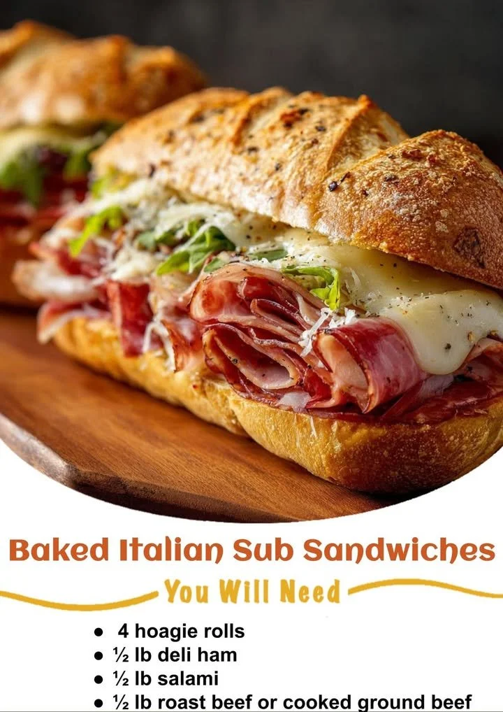 Delicious baked Italian sub sandwiches with layers of meats and cheeses