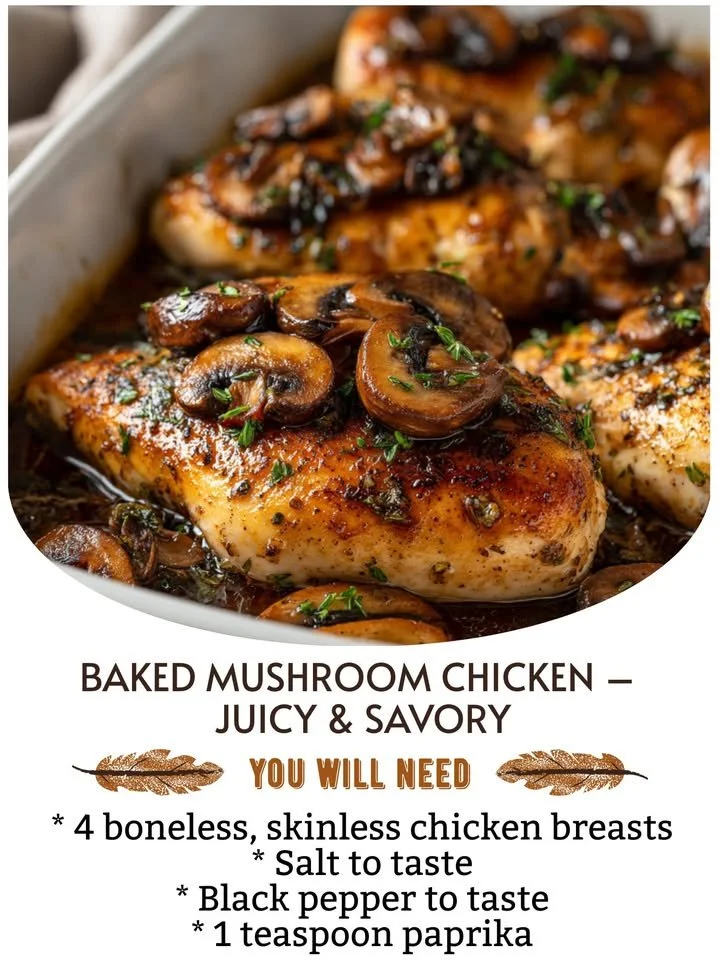 Baked mushroom chicken served with herbs and vegetables.