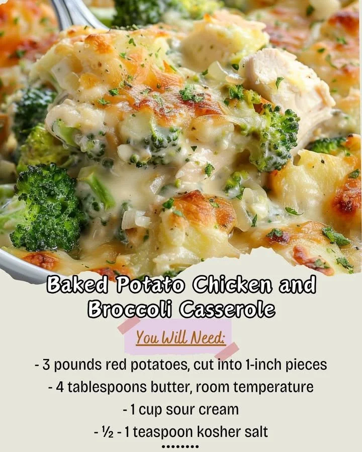 Baked Potato Chicken and Broccoli Casserole served in a baking dish