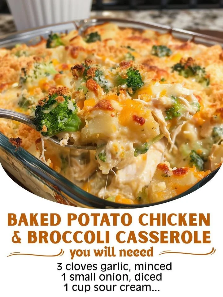 Baked potato chicken and broccoli casserole served in a baking dish