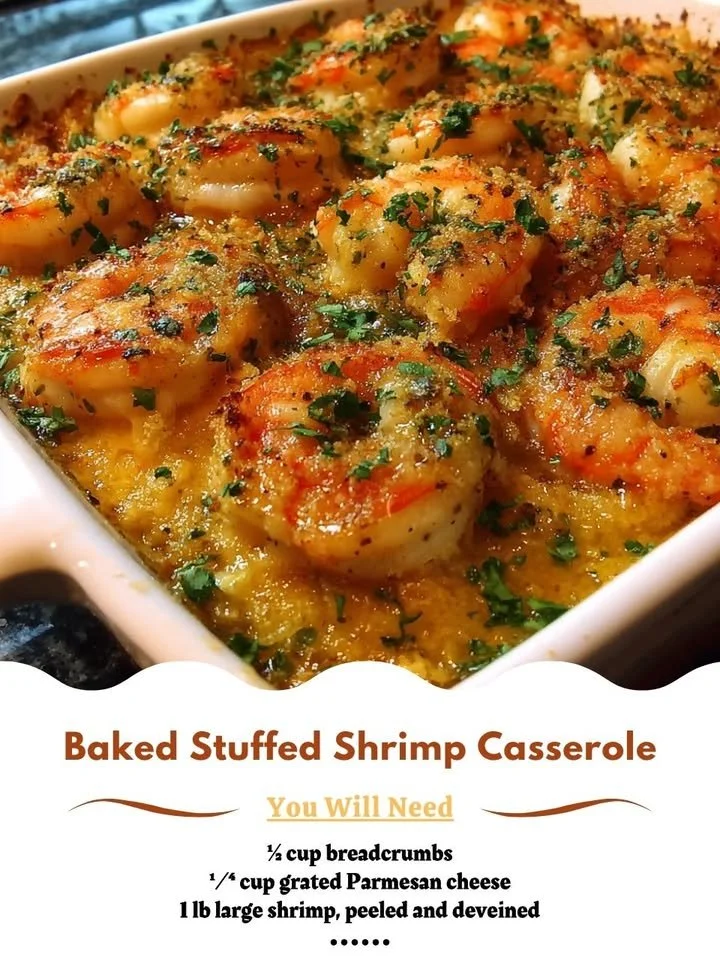 Baked stuffed shrimp casserole with savory filling and crispy topping