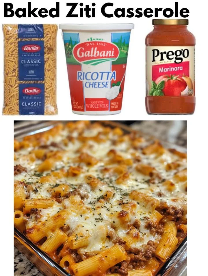 Baked Ziti Casserole topped with melted cheese and herbs