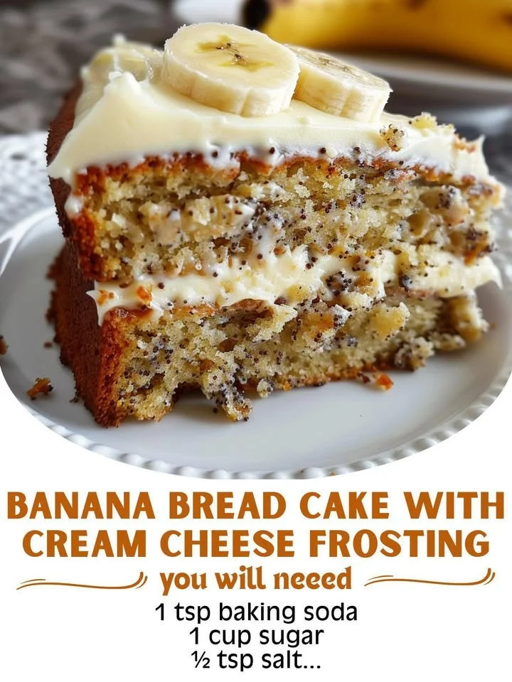 Delicious Banana Bread Cake with Cream Cheese Frosting served on a plate