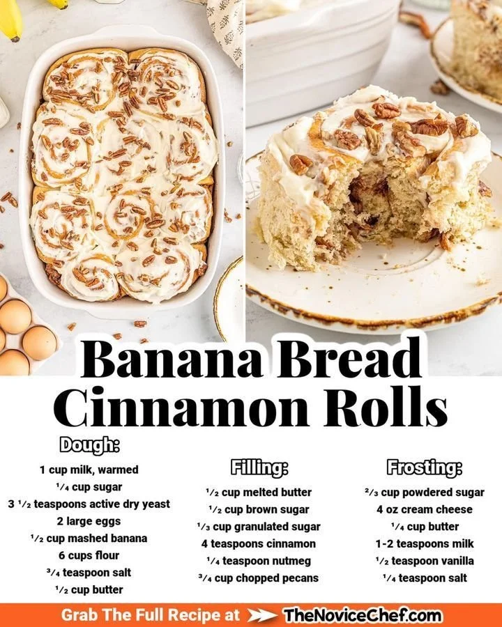 Banana bread cinnamon rolls topped with cream cheese frosting on a plate