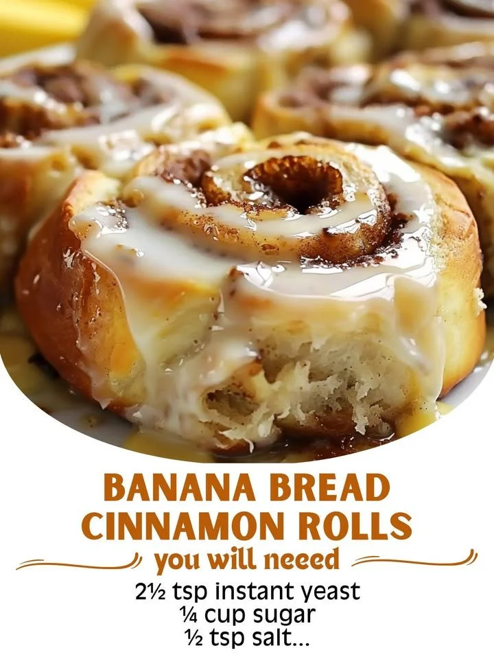 Delicious banana bread cinnamon rolls topped with icing and cinnamon swirls