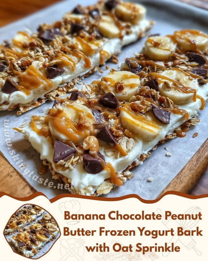 Banana chocolate peanut butter frozen yogurt bark topped with oat sprinkle