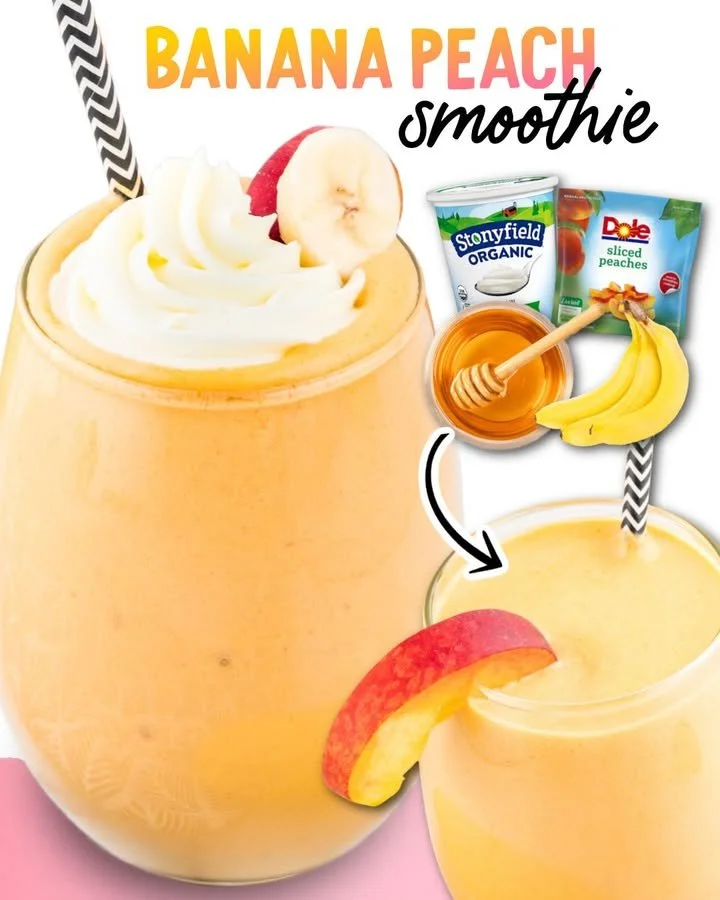 Delicious Banana Peach Smoothie in a glass with fruit garnish