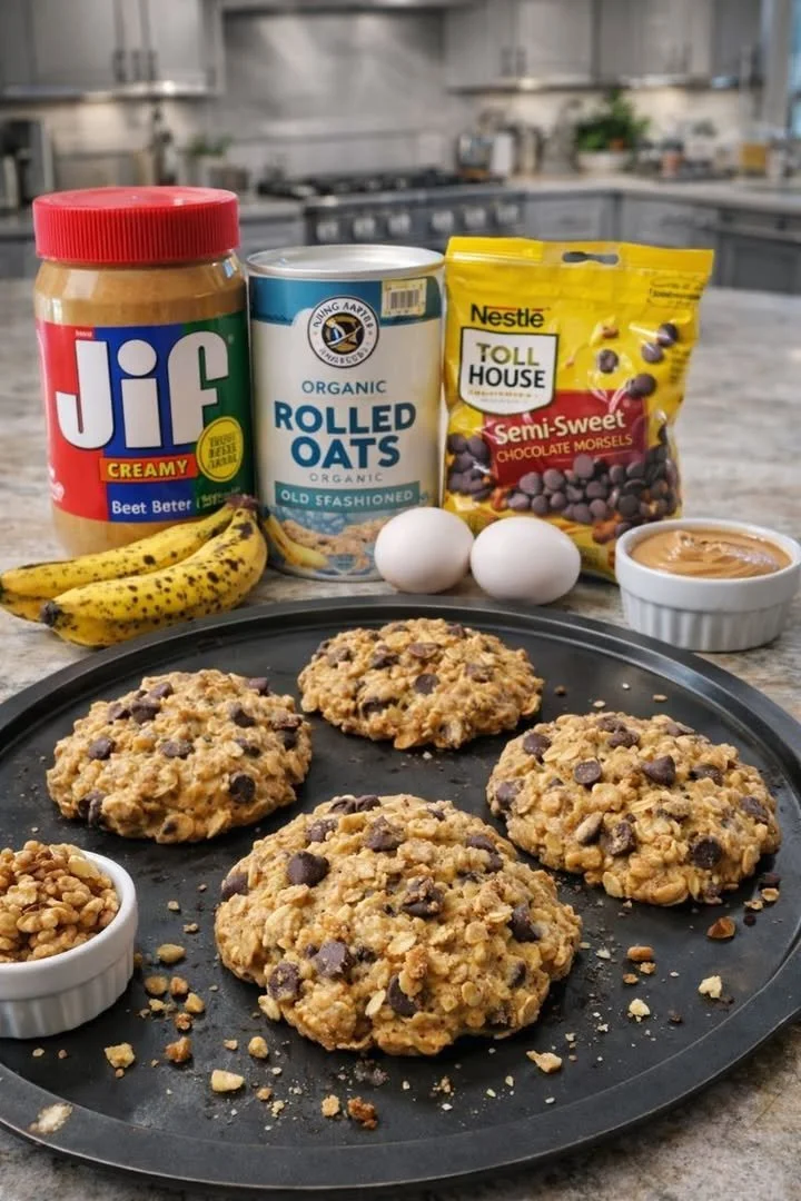Banana peanut butter oatmeal chocolate chip cookies on a wooden table