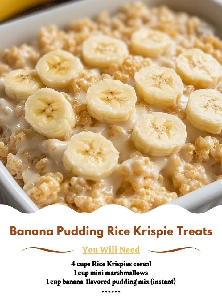 Delicious Banana Pudding Rice Krispie Treats topped with creamy pudding