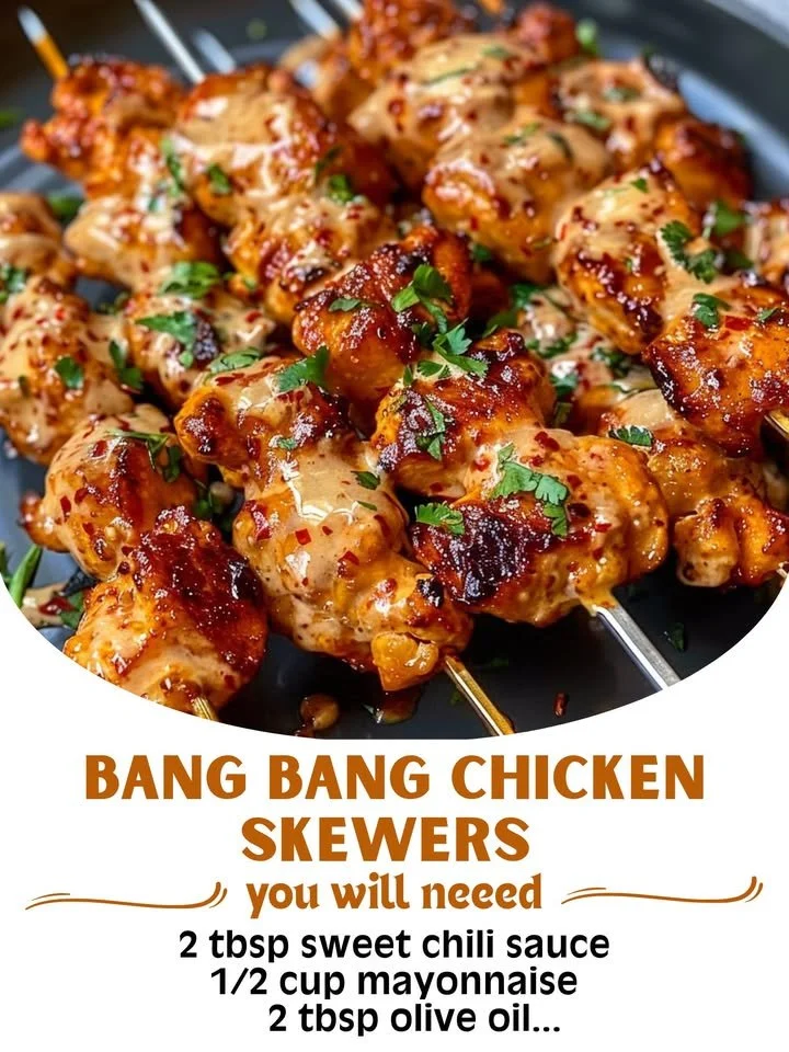 Delicious Bang Bang Chicken Skewers served on a plate with dipping sauce