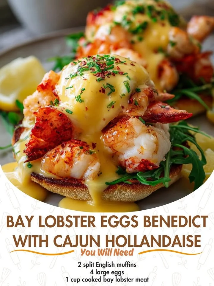 Bay Lobster Eggs Benedict topped with Cajun Hollandaise sauce on a plate