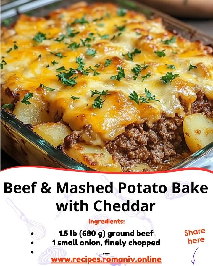 Delicious Beef and Mashed Potato Bake topped with melted Cheddar cheese