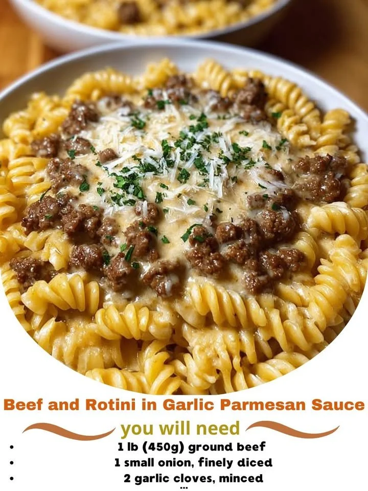 Beef rotini pasta in creamy garlic parmesan sauce served on a plate