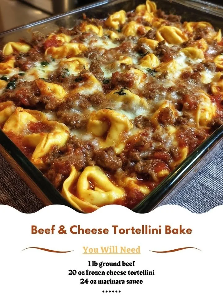 Delicious Beef Tortellini Bake topped with melted cheese and herbs.