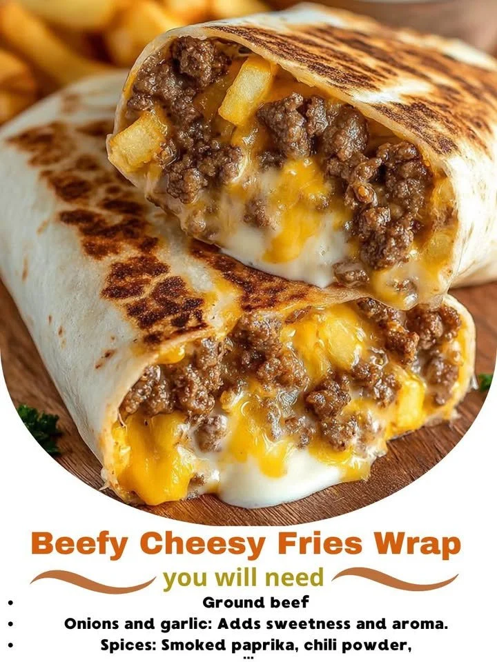 Beefy Cheesy Fries Wrap with melted cheese and fries inside a tortilla