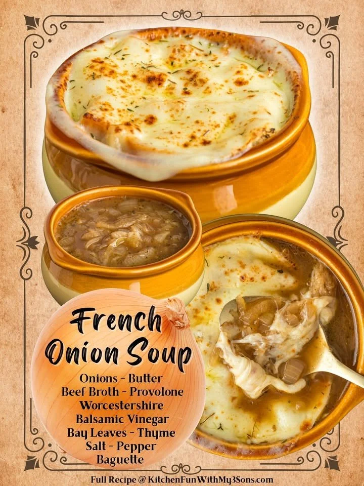Bowl of delicious homemade French Onion Soup topped with melted cheese