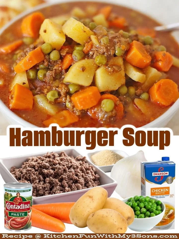 Delicious bowl of BEST Hamburger Soup garnished with fresh herbs