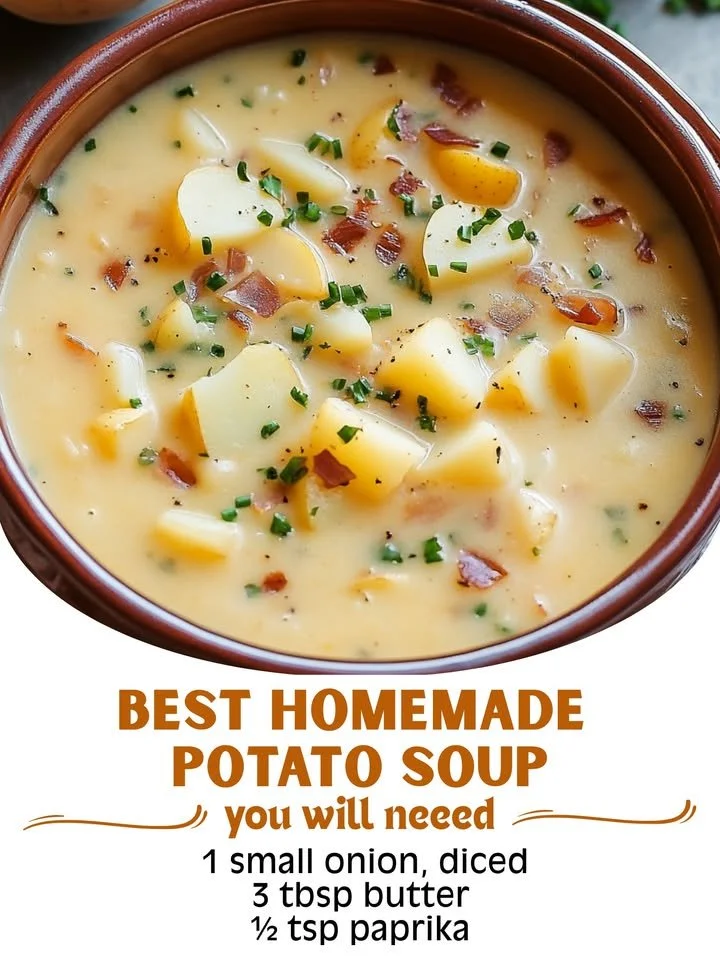 Bowl of creamy homemade potato soup with toppings