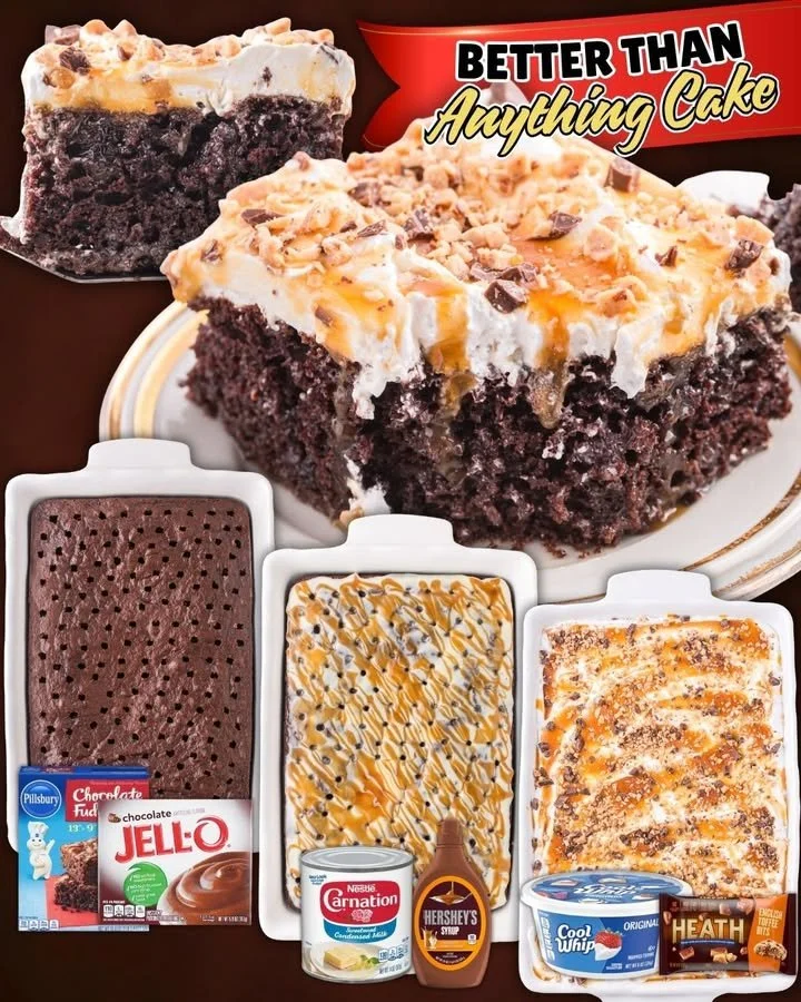 Delicious Better Than Sex Cake topped with chocolate and caramel