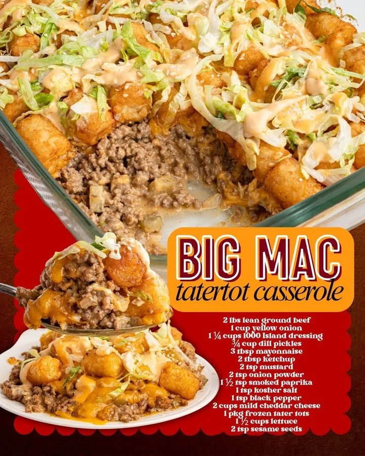 Big Mac Tater Tot Casserole topped with cheese and pickles in a baking dish.
