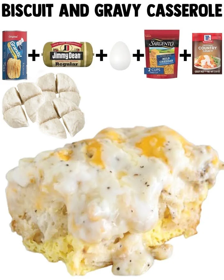 Delicious Biscuit and Gravy Casserole served in a baking dish
