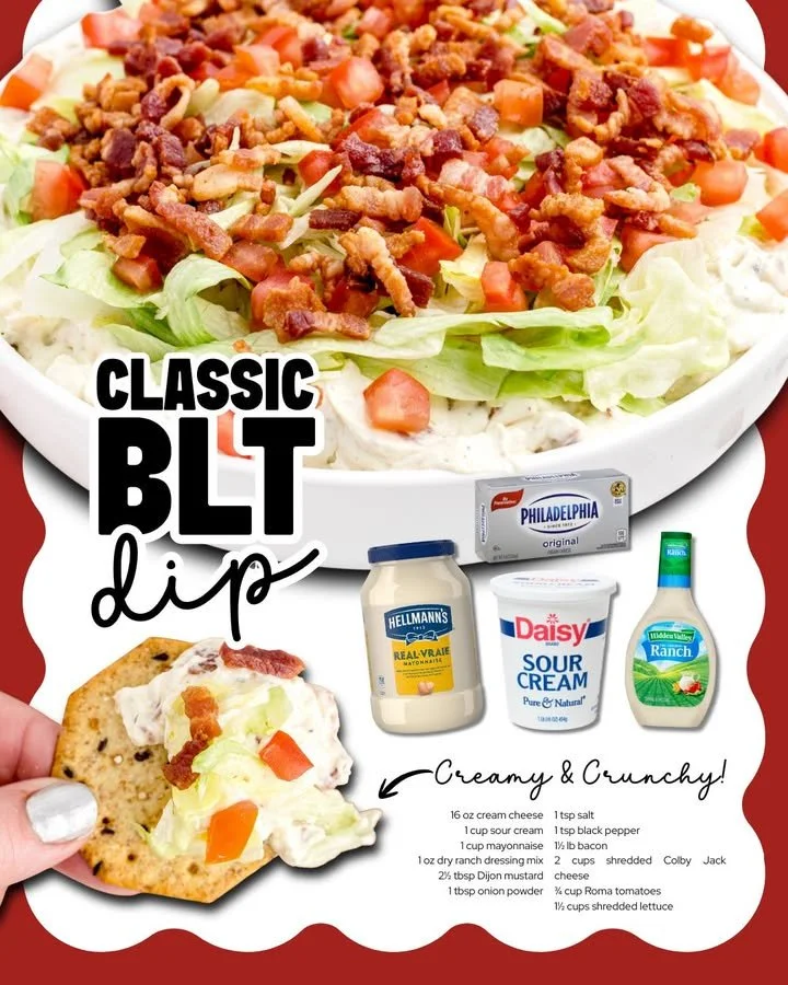 Creamy BLT Dip served with crispy bacon, fresh lettuce, and ripe tomatoes.