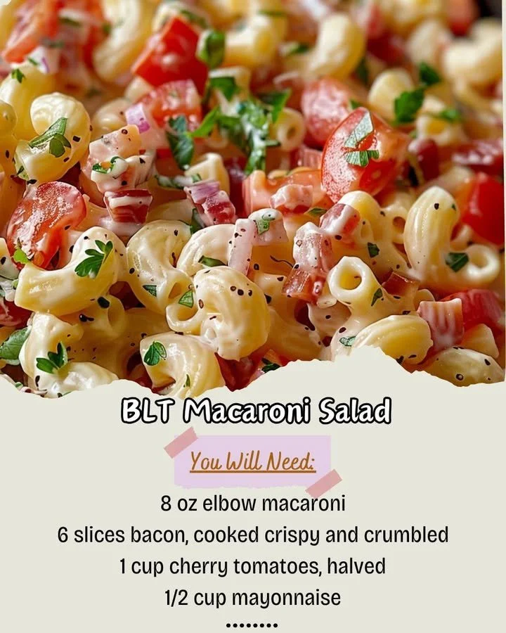 BLT Macaroni Salad featuring bacon, lettuce, and tomatoes in a creamy dressing